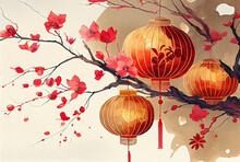 Chinese New Year Traditional Watercolor Illustration Painting Sumi-e With Red Paper Lanterns And Blooming Tree In Flowers Generative AI Art
