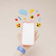Poster - Cartoon 3d mobile phone with smiling faces icon and chat bubble. Social media concept. Interaction between people through social networks. 3D Rendering illustration