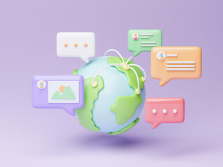 Poster - 3d social media on earth with chat bubbles on purple background. online social, communication applications seo concept, 3d render illustration