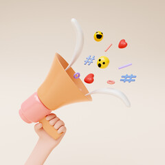 Hand hold megaphone. Marketing social media concept, realistic 3d megaphone, loudspeaker with faces icon. Symbols Speaker, Social media, Advertising and promotion. 3D Rendering illustration.