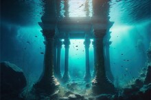 Old Temple Ruins With Weathered Columns On Sea Bottom. Destroyed Ancient City Hidden By Water. Generative AI