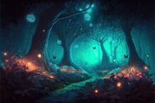 Night Magical Fantasy Forest. Forest Landscape, Neon, Magical Lights In The Forest. AI