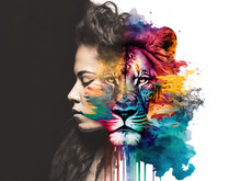 Generative AI Illustration Of Colorful Lion Head Near Woman