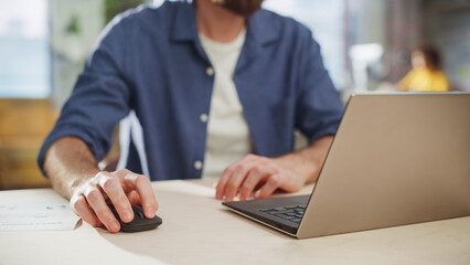 Poster - Project Manager Sitting at a Desk, Working on a Laptop Computer in an Office. Creative Marketing Specialist Planning a Project, Focus On Computer and Mouse. Typing Hands