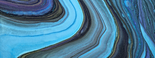 Wall Mural - abstract fluid art background blue and black glitter colors. liquid marble. acrylic painting with tu