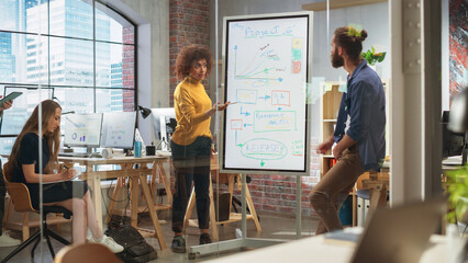 Aufkleber - Excited Marketing Manager Leading a Team Meeting in Creative Office Conference Room. Confident Multiethnic Female Showing Project Plan Presentation on Digital Whiteboard Monitor.