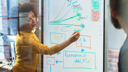 Aufkleber - Positive Businesswoman Making a Team Presentation in a Meeting Room in Creative Office. Excited Arab Female Discussing a New Project Plan on Digital Whiteboard Display