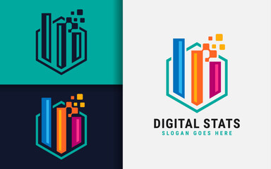 Aufkleber - Digital Statistic Logo Design with Hexagon Frame Combination. Tech Business Vector Logo Illustration.