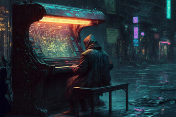 person with hood play a cyberpunk piano in a dark alley of a futuristic city with glowing lights, generative ai