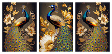 3d Peacock With A Long Tail And Golden Flowers. Canvas Wall Poster Art.