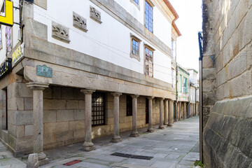 Baiona, Spain - December 05, 2022: details of the different streets of the historic center in the city of Baiona, Spain