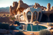 modern organic desert architecture, futuristic concrete building with pool, sciencce fiction oasis habitat, fictional architecture created with generative ai