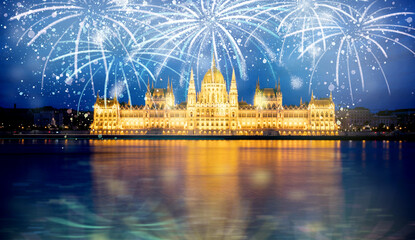 Poster - fireworks display over Budapest happy new year