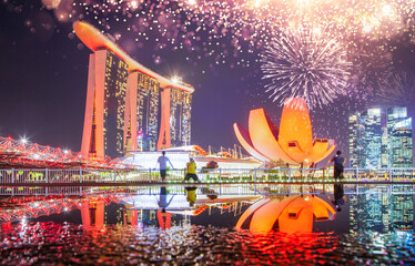 Wall Mural - fireworks display over Singapore happy new year