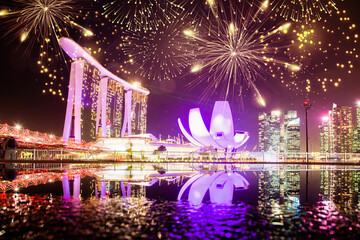 Poster - fireworks display over Singapore happy new year