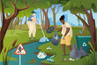 People collecting garbage in forest concept in flat cartoon design. Men and women gathering waste and trash to bags, cleaning nature from rubbish. Illustration with people scene background