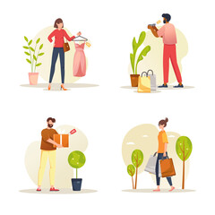 Wall Mural - Shopping concept with people scene set. Men and women choose clothes and accessories in boutiques, walk with purchases in bags, enjoy shopping at stores. Illustration in flat design for web