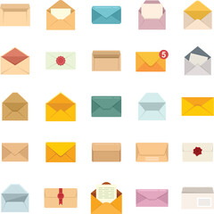 Poster - Envelope icons set flat vector. Blank mail. Postal card template isolated