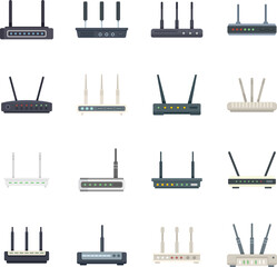 Poster - Modem icons set flat vector. Internet router. Lan port access isolated