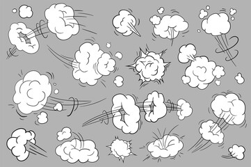 Motion effects in cartoon style set isolated elements. Bundle of cloud movement effects in comic style with lines to express energy, fast moving or throwing trails. Illustration in flat design