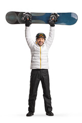 Sticker - Full length portrait of a excited man lifting a snowboard