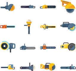 Canvas Print - Electric saw icons set flat vector. Chainsaw equipment. Builder device isolated