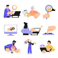 Aufkleber - Digital business concept set in flat design. Man and woman analyzing, generate ideas, launch startup, promote in social networks, use cloud tech. Illustration with pack of people scenes for web