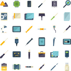 Poster - Tablet repair icons set flat vector. Break head. Fix repair isolated