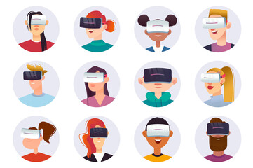 Aufkleber - Metaverse characters avatars isolated set. Different portraits of men and women with VR headset playing with augmented reality technology. Illustration with people in flat cartoon design