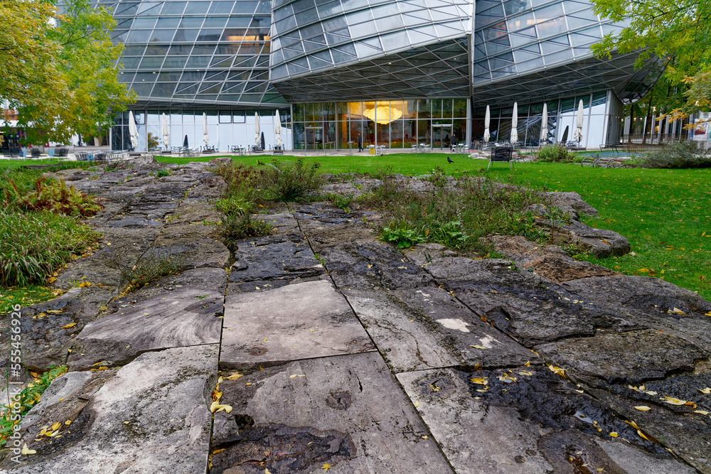 Rocks at park in front of futuristic glass building designed by Frank O. Gehry at Novartis Campus at Swiss City of Basel on a cloudy autumn morning. Photo taken October 3rd, 2022, Basel, Switzerland.