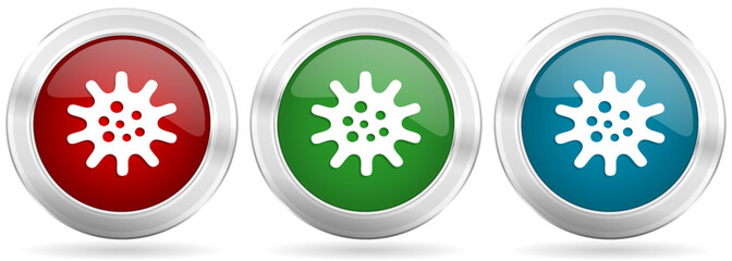 Fototapete - Virus, coronavirus, covid-19, infection vector icon set. Red, blue and green silver metallic web buttons with chrome border