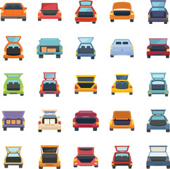 Trunk car icons set flat vector. Sedan bag. Summer storage isolated