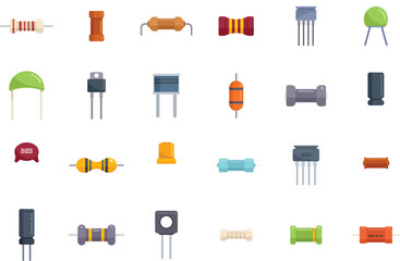 Poster - resistor icons set flat vector. capacitor chip. battery board isolated