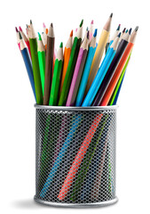 Sticker - Concept of education. Many colorful pencils in jar