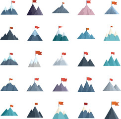 Poster - Flag on mountain icons set flat vector. Career goal. Peak challenge isolated