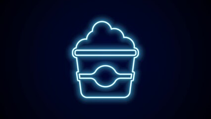 Poster - Glowing neon line Popcorn in cardboard box icon isolated on black background. Popcorn bucket box. 4K Video motion graphic animation