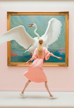Vintage Elegant Young Woman In Museum In Front Of Pompous Swan Painting. The Lady Who Becomes A White Swan. Illustration, Generative AI.