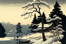 Winter Landscape In Japanese Woodblock Style. Generative AI.