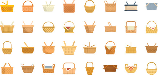 Poster - Picnic basket icons set flat vector. Fruit hamper. Food wicker isolated