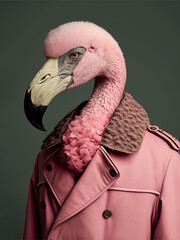A pink illustrated flamingo dressed and standing as a man in elegant, modern clothing. Abstract animal portrait. Half man half tropical flamingo. Illustration, Generative AI.