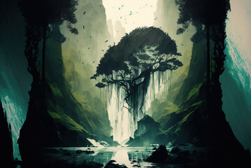 Inception like landscape with trees and waterfall, dark water paint. Generative AI