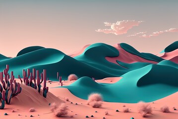 Wall Mural - Light pink sand dunes contrast with the deep turquoise of the sky. Sky contrasts against a backdrop of sand dunes in the desert. Concisely abstract, minimal backdrop. Generative AI