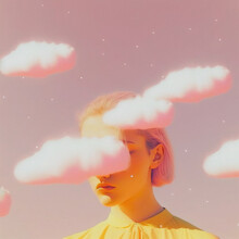 Retro, Vintage, Abstract Collage Portrait Of A Faceless Woman With A Huge, Soft, White Cloud On Her Head. What Is In Your Head? Pastel Pink Background. Illustration, Generative AI.