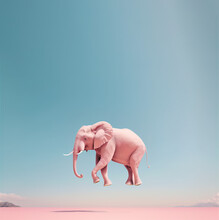 An Abstract, Minimal Landscape With A Pastel Pink Wild Elephant Gracefully Hopping Across The Desert. A Beautiful Elegant Animal. Illustration, Generative AI.