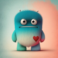 A small, sweet, illustrated, cute, fantasy creature holding a paper love heart, Valentine's Day card Baby monster from a children's fairy tale. Generative AI.