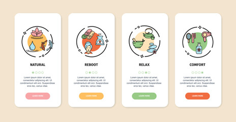 Spa App Screens Cards Set Include of Comfort, Natural, Reboot and Relax . Vector illustration of Card