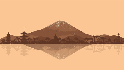 Asian architecture in silhouette with a mountain in the fog and reflection in the water. Design for posters, web sites, postcards. Vector