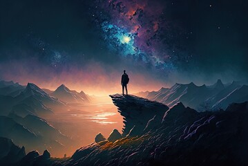 Fototapete - Painting depicts a guy looking up at the stars from a hilltop. Generative AI