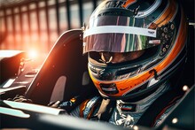  A Man In A Racing Car With A Helmet On And A Sunbeam In The Background Behind Him And A Building.