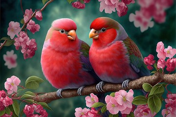 Canvas Print -  two birds sitting on a branch with pink flowers in the background and a green background with pink flowers in the foreground. Generative AI